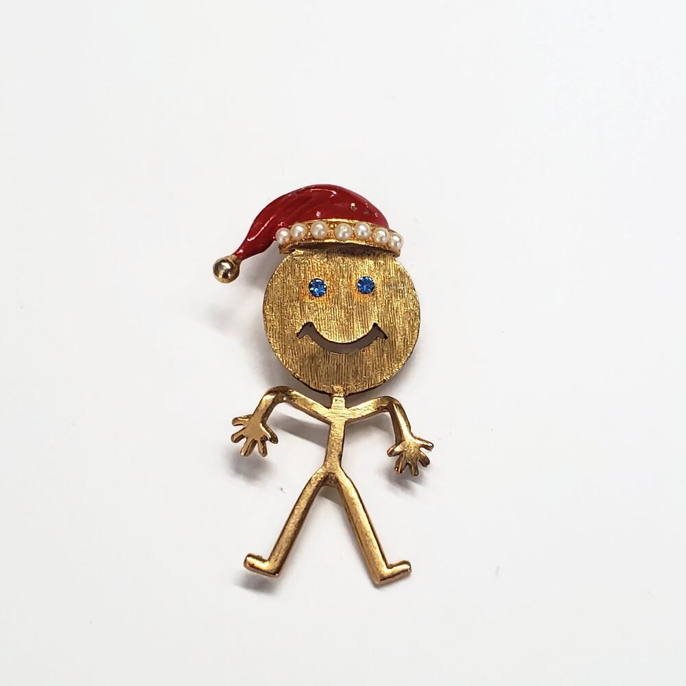 Vintage Smiley Face Gold Tone Stick Figure Man Pin Wearing Santa Hat